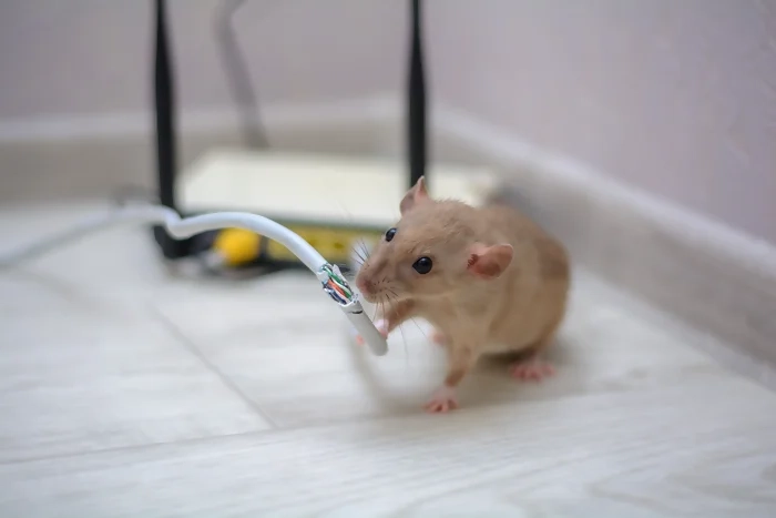 une souris ronge un câble informatique